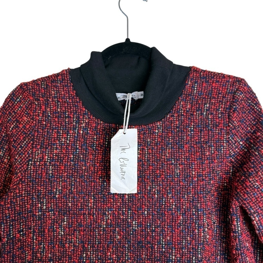 The Collective Tweed Red Black Metallic Mock Neck Long Sleeve Fringe Hem Top - Picture 6 of 14